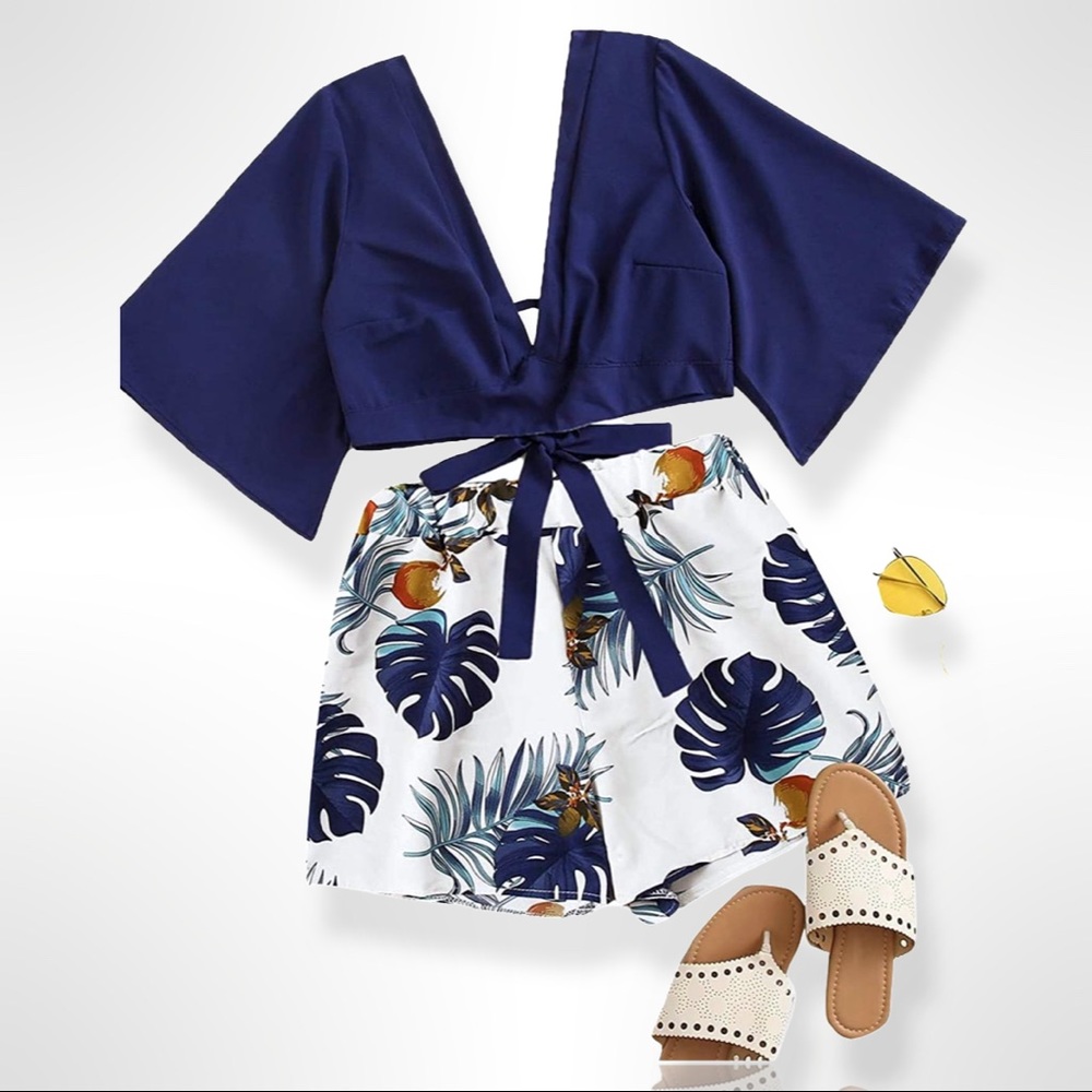 [NWT] 2PC Boho Butterfly Sleeve Knot Front Crop Top with Shorts Set — BRAND NEW - Picture 2 of 4